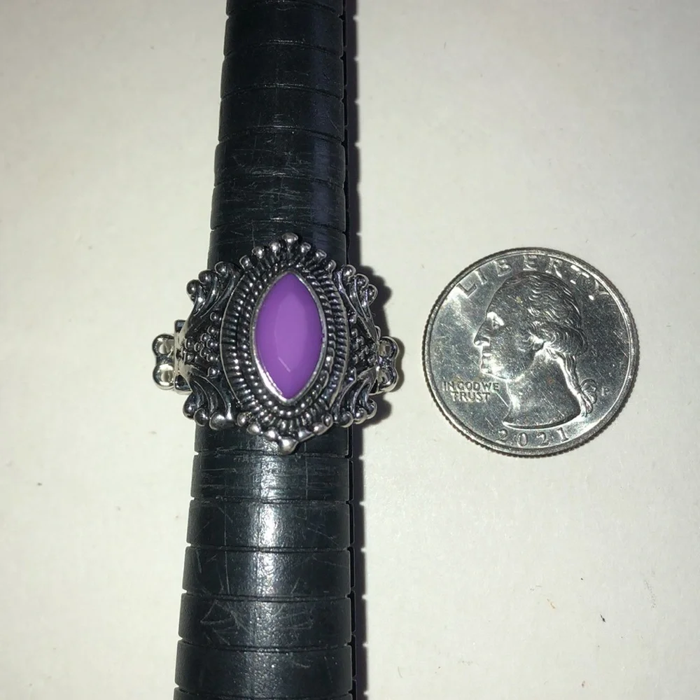 Silver Tone Filigree Ring with Purple Stone